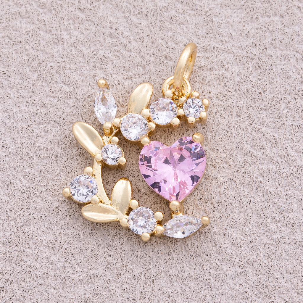 18K Gold Plated Pink Heart CZ Floral Wreath Flower Pendant - Sold Each