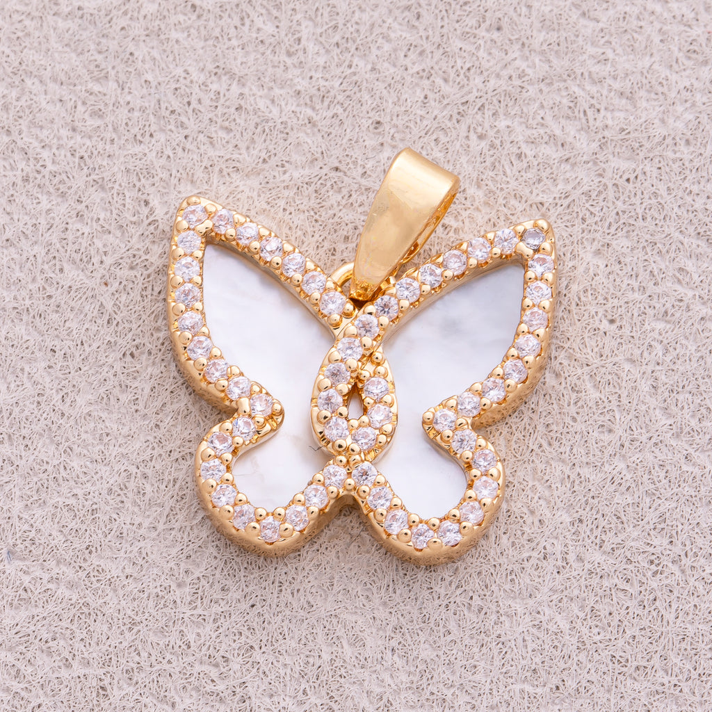 18K Gold Plated Mini Micro Paved CZ Mother of Pearl Butterfly Mariposa Animal Pendant - Sold Each