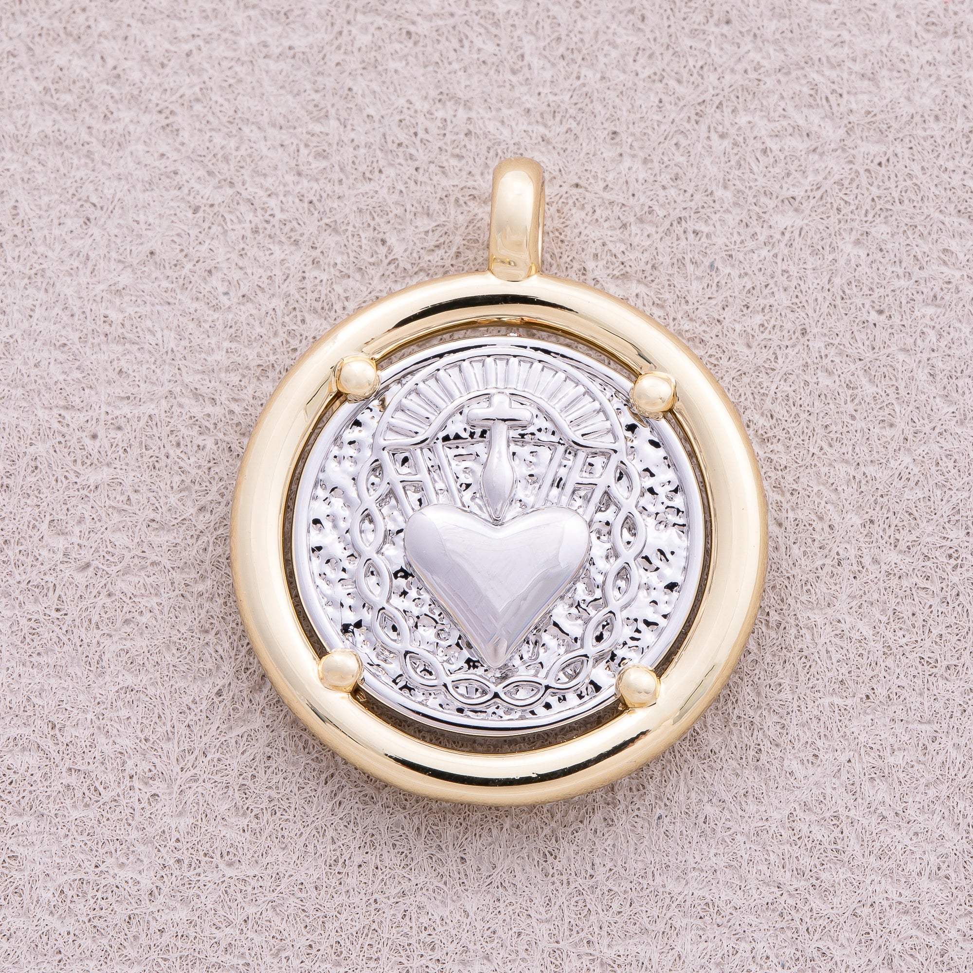 Two Tone Gold Plated Textured Heart Medallion Charm - Sold Each