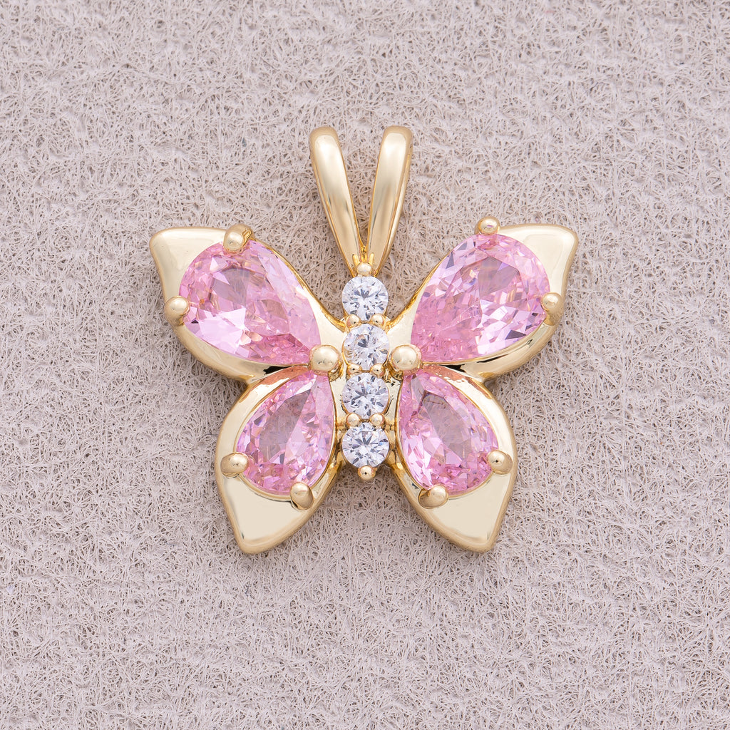 18K Gold Plated Pink Teardrop CZ Butterfly Mariposa Animal Pendant - Sold Each