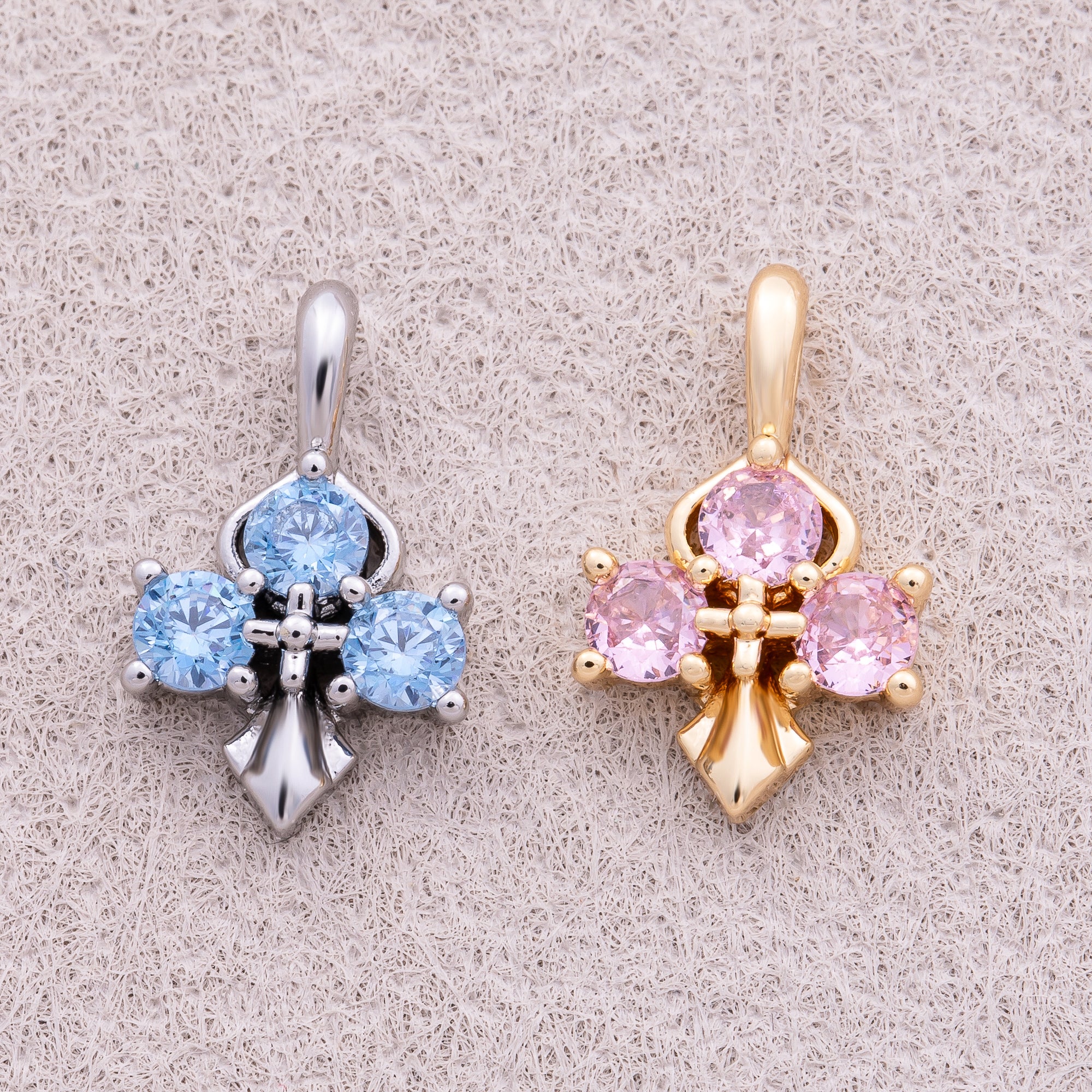 16K Gold Plated Pink and Blue CZ Mini Cross Charm - Sold Each