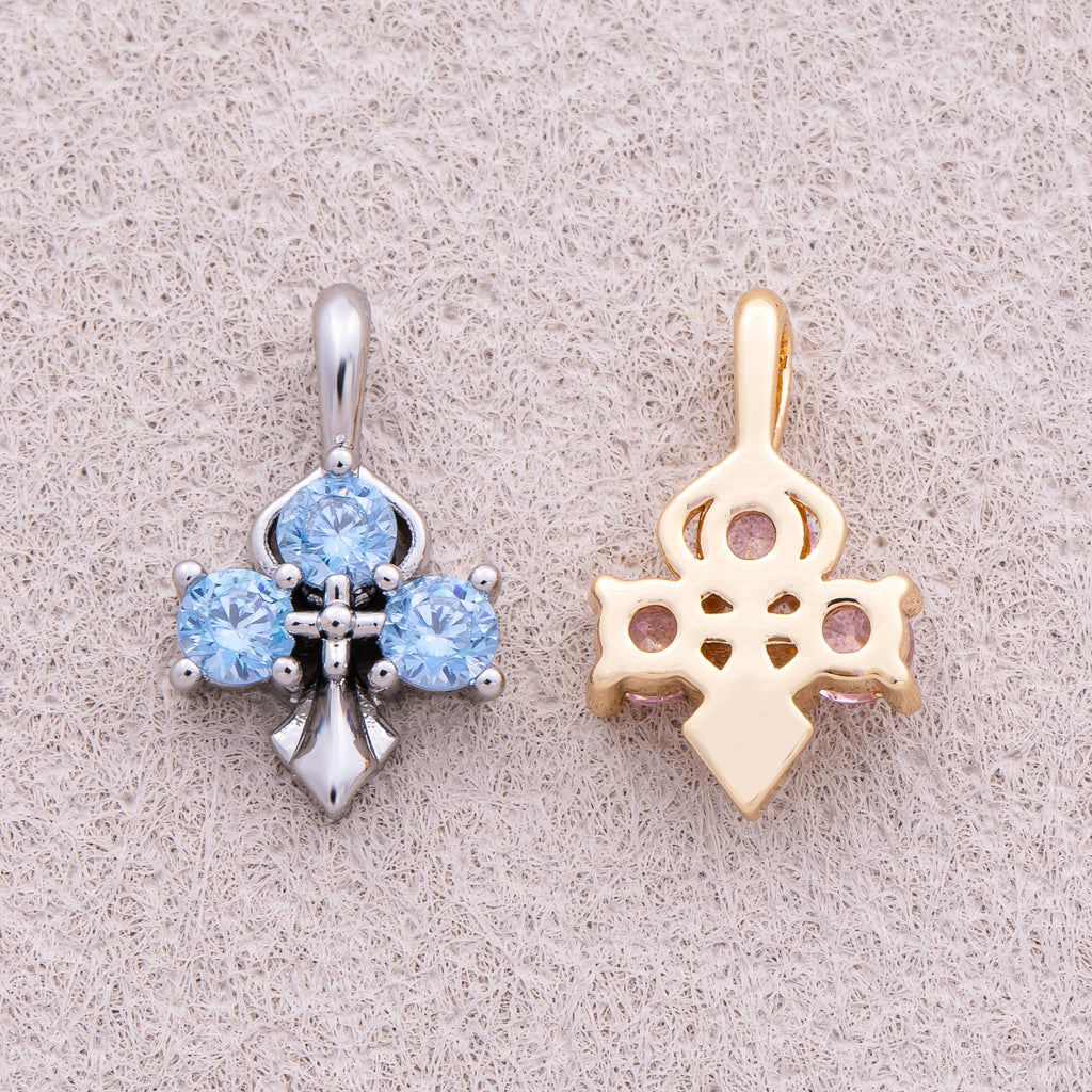 16K Gold Plated Pink and Blue CZ Mini Cross Charm - Sold Each