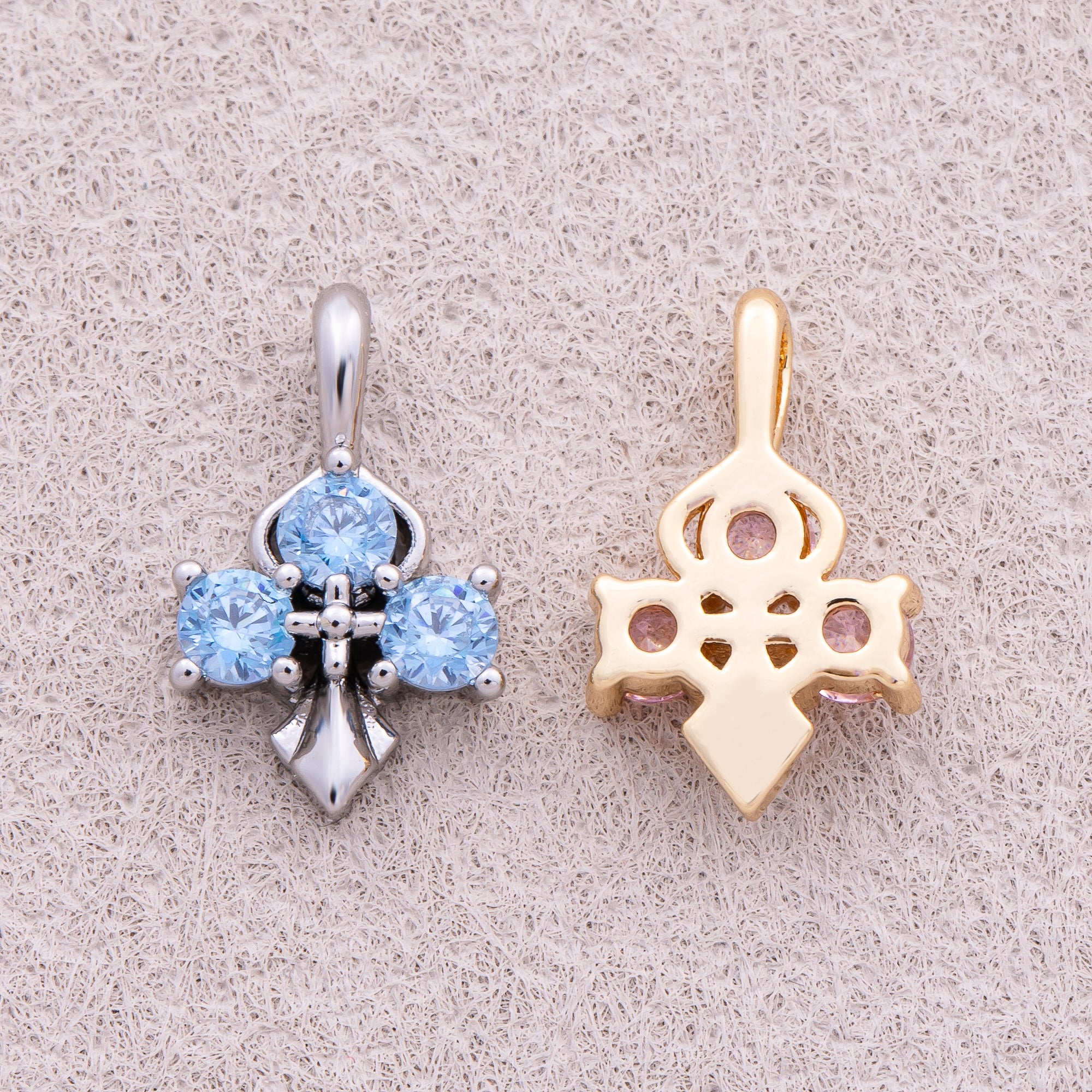 16K Gold Plated Pink and Blue CZ Mini Cross Charm - Sold Each