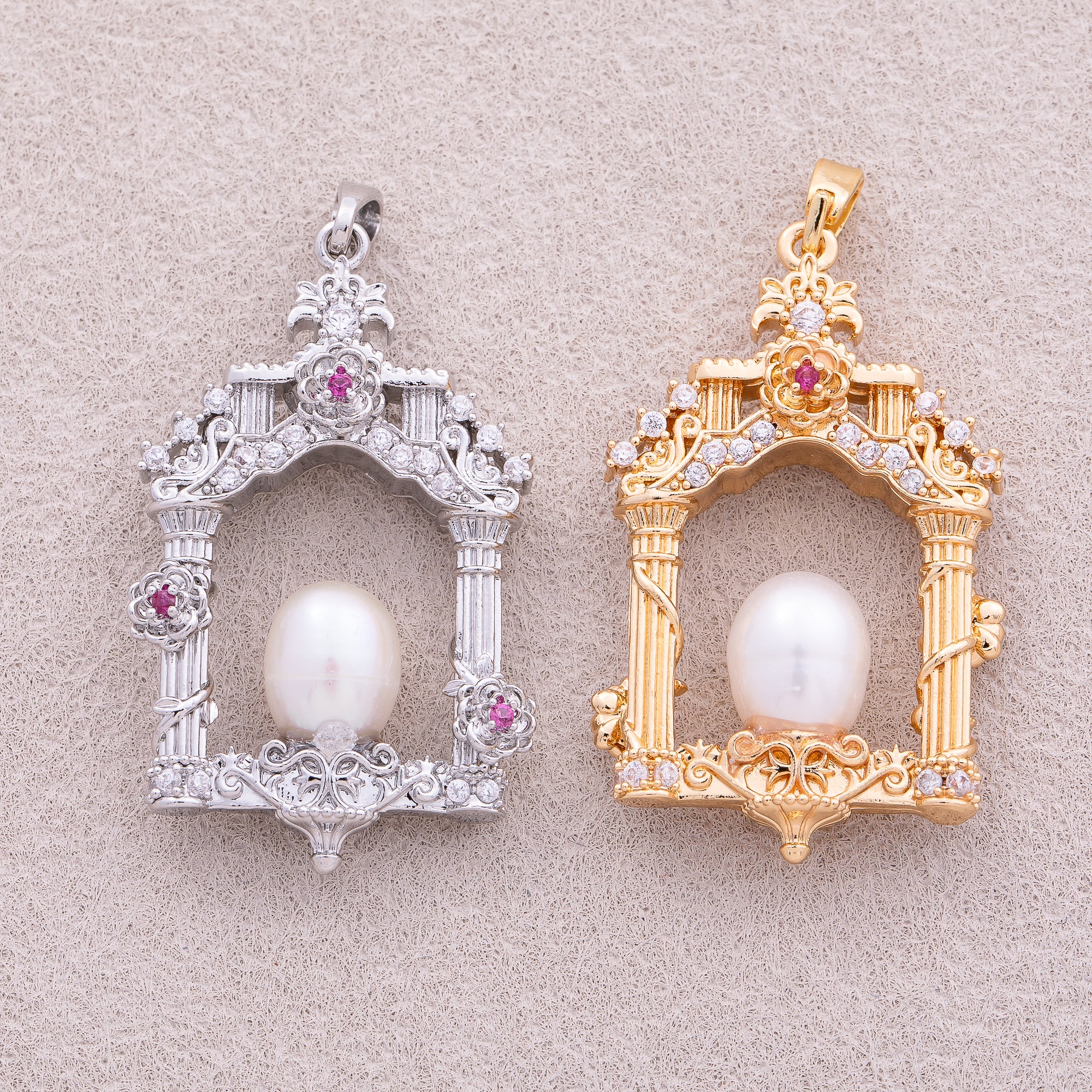 18K Gold Plated Shell Pearl CZ Floral Vintage Palace Window Pendant - Sold Each