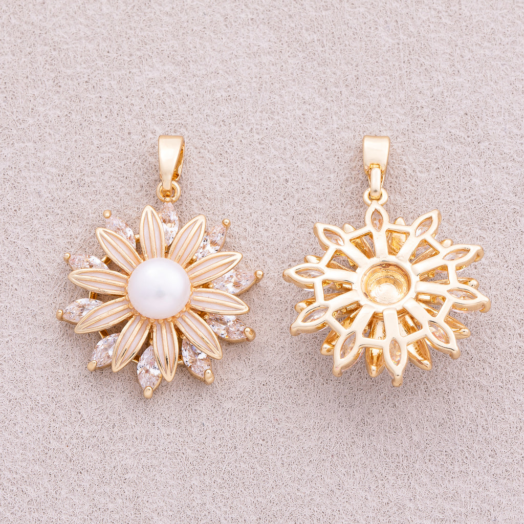 16K Gold Plated Shell Pearl Marquise CZ Daisy Flower Pendant - Sold Each