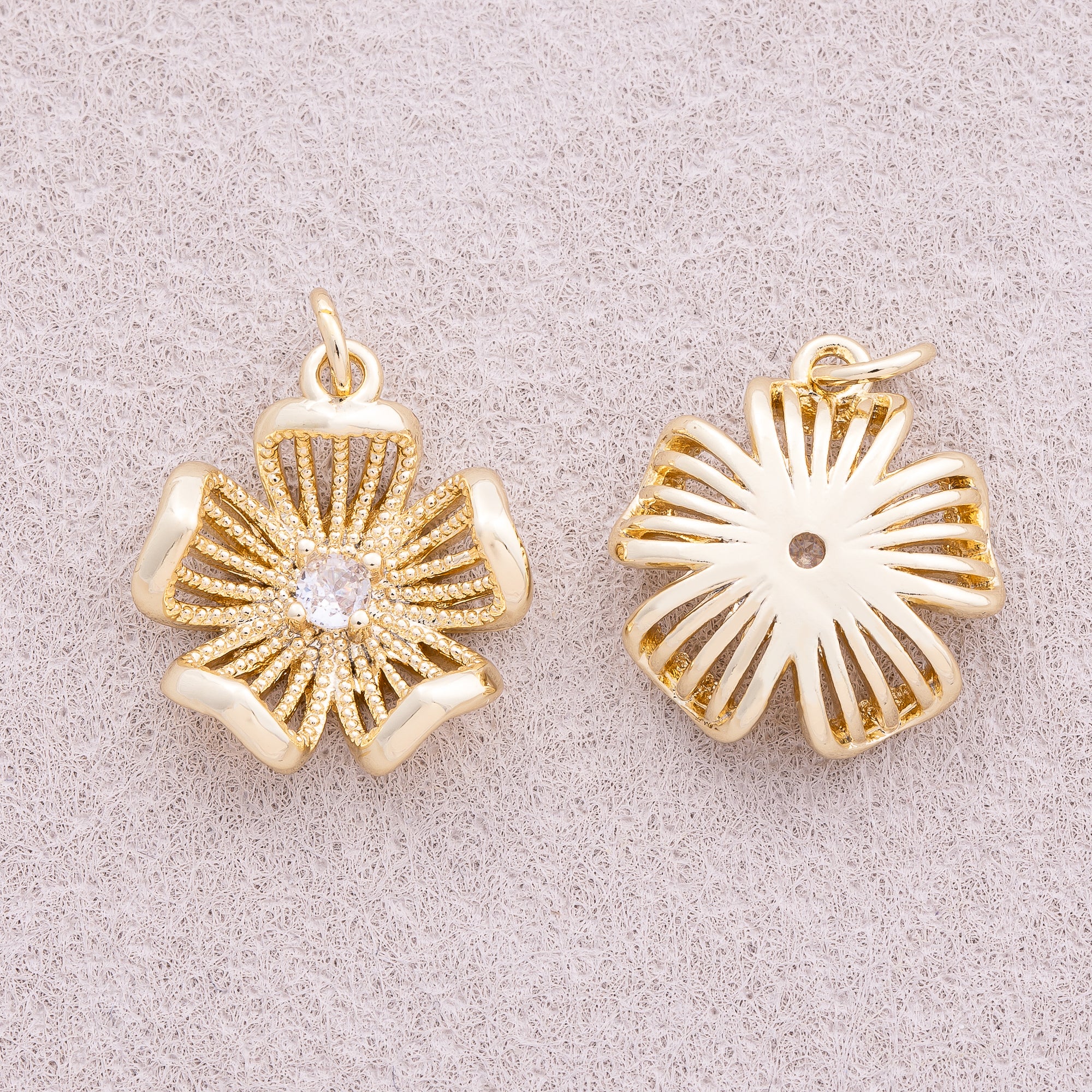 16K Gold Plated Solitaire CZ Filigree Blooming Flower Charm - Sold Each