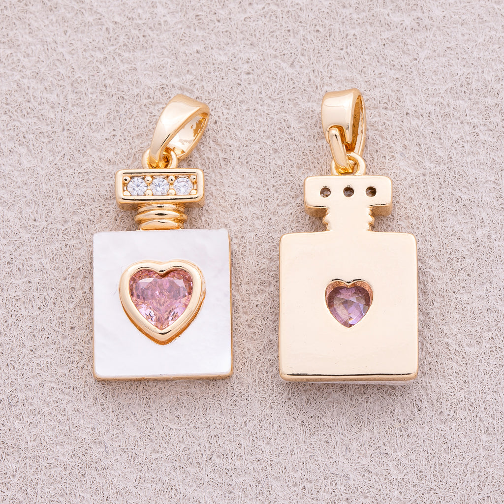 16K Gold Plated Pink Heart CZ Perfume Bottle Charm - Sold Each