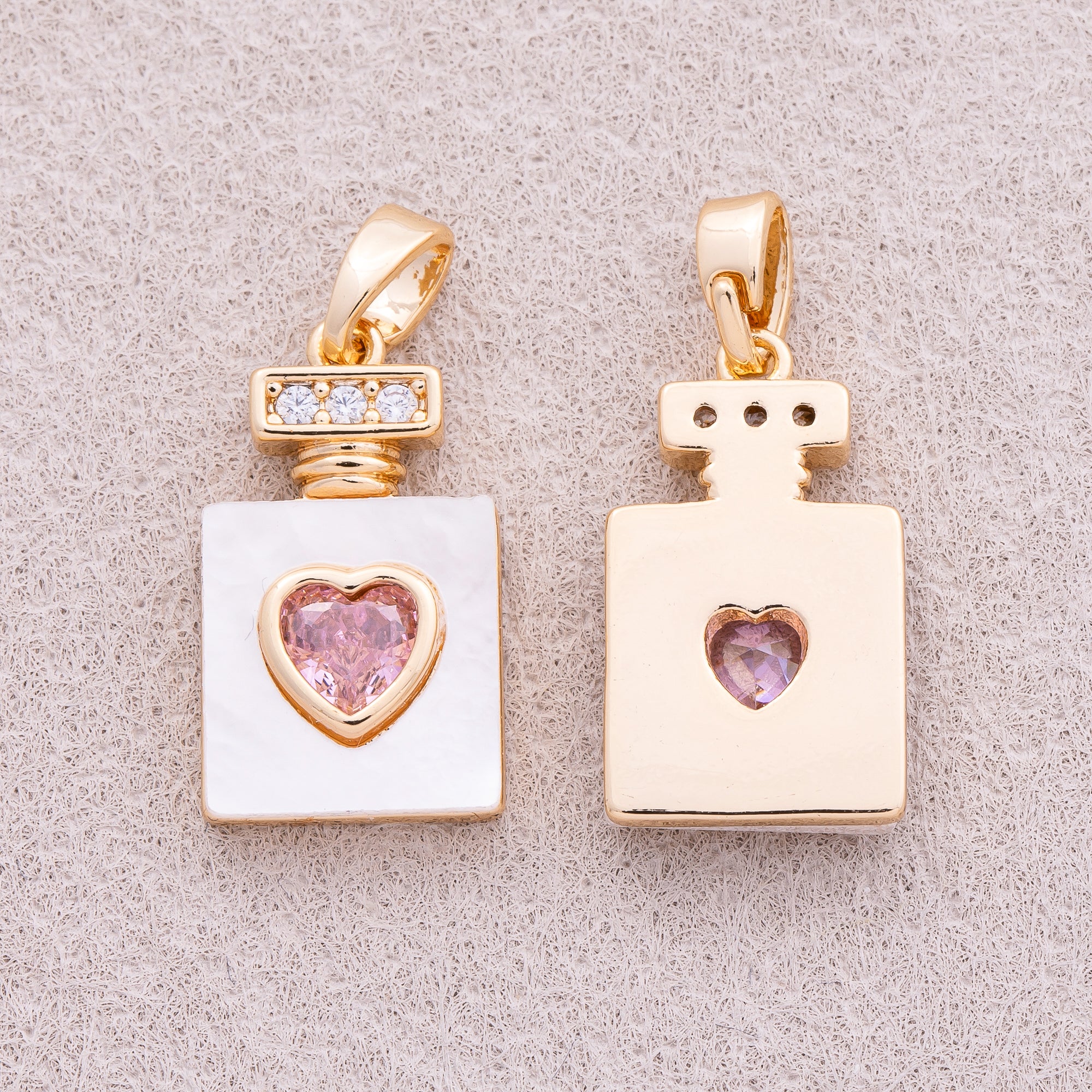 16K Gold Plated Pink Heart CZ Perfume Bottle Charm - Sold Each