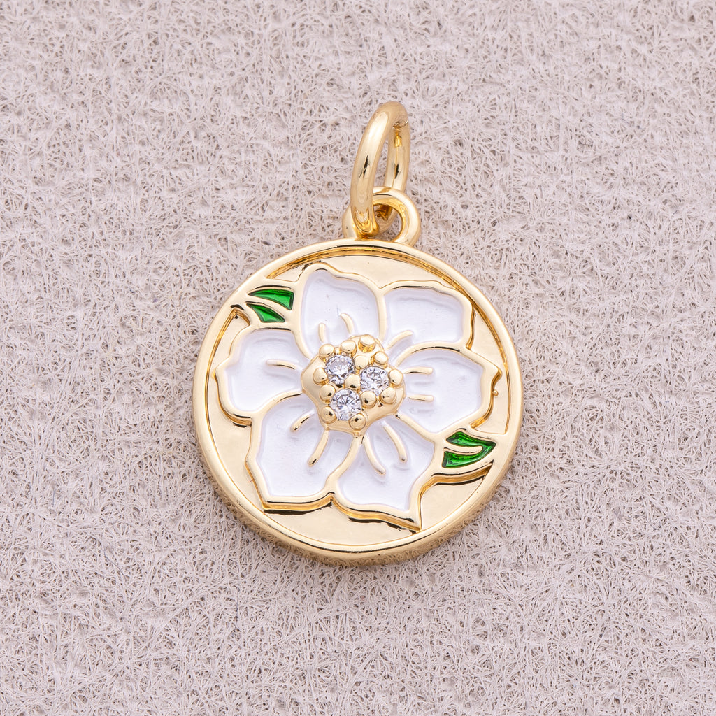 16K Gold Plated White Enamel Blooming Flower Medallion Charm - Sold Each