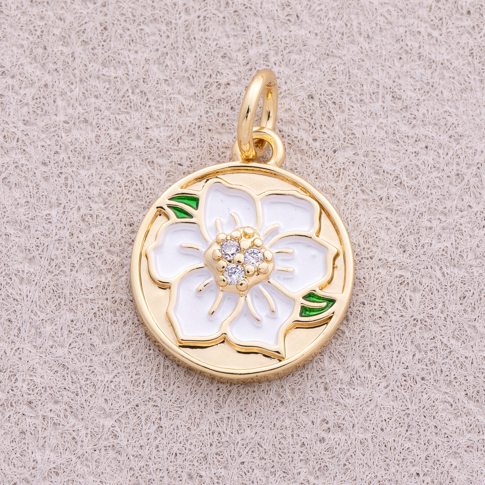 16K Gold Plated White Enamel Blooming Flower Medallion Charm - Sold Each