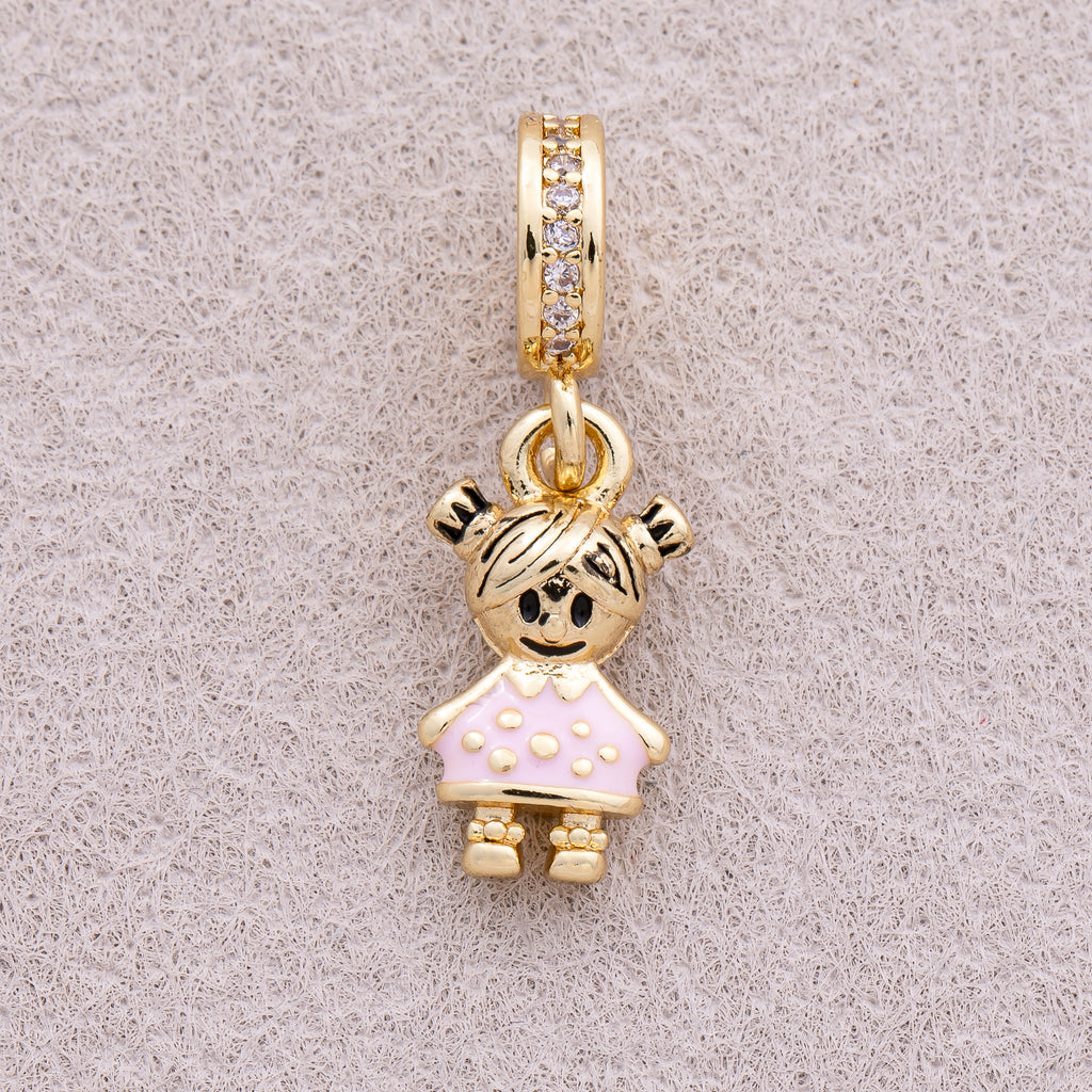 16K Gold Plated Micro Paved CZ Pink Dress Enamel Little Girl Pendant - Sold Each