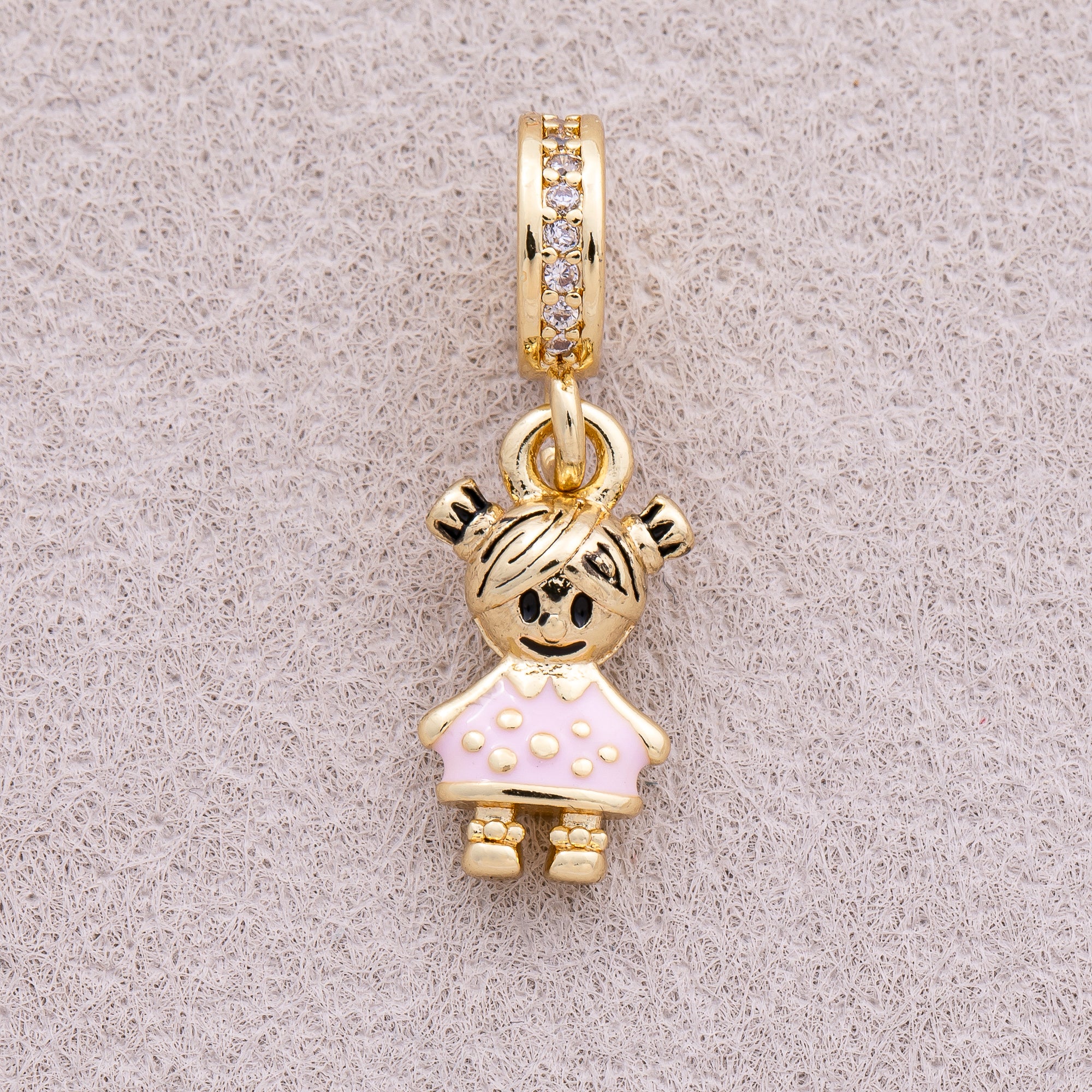 16K Gold Plated Micro Paved CZ Pink Dress Enamel Little Girl Pendant - Sold Each