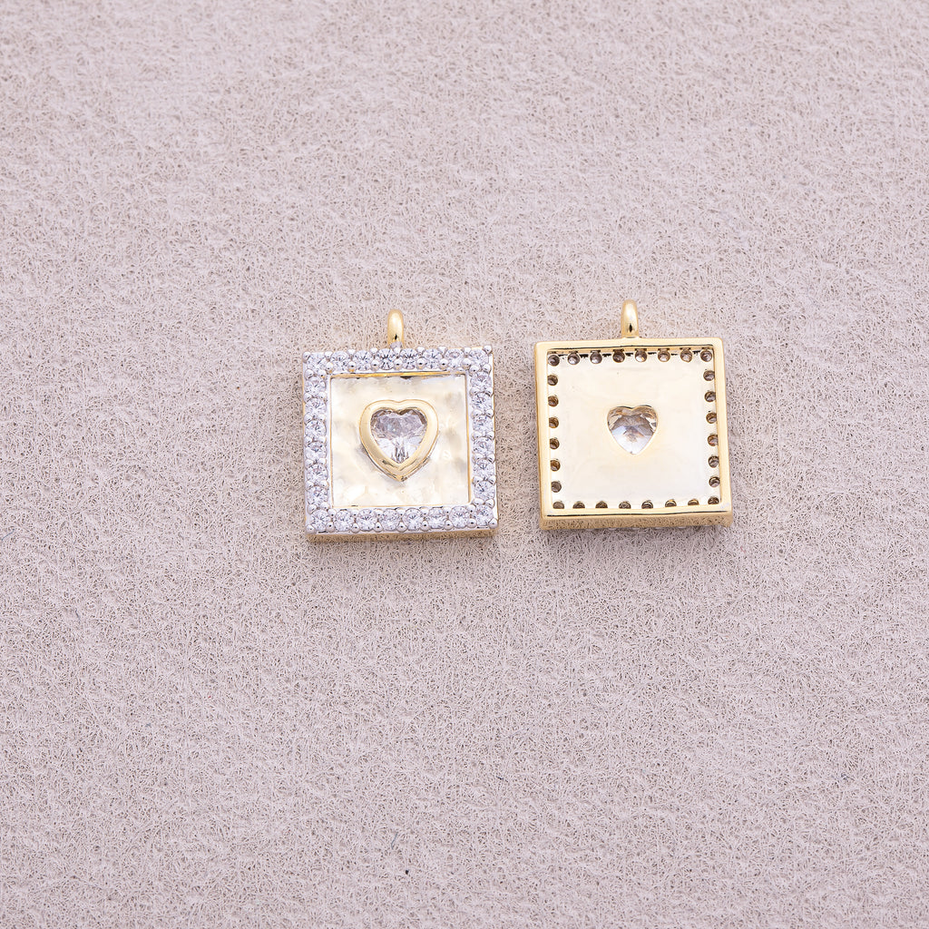 Two Tone Gold Plated Micro Paved CZ Bezel Heart Square Charm - Sold Each