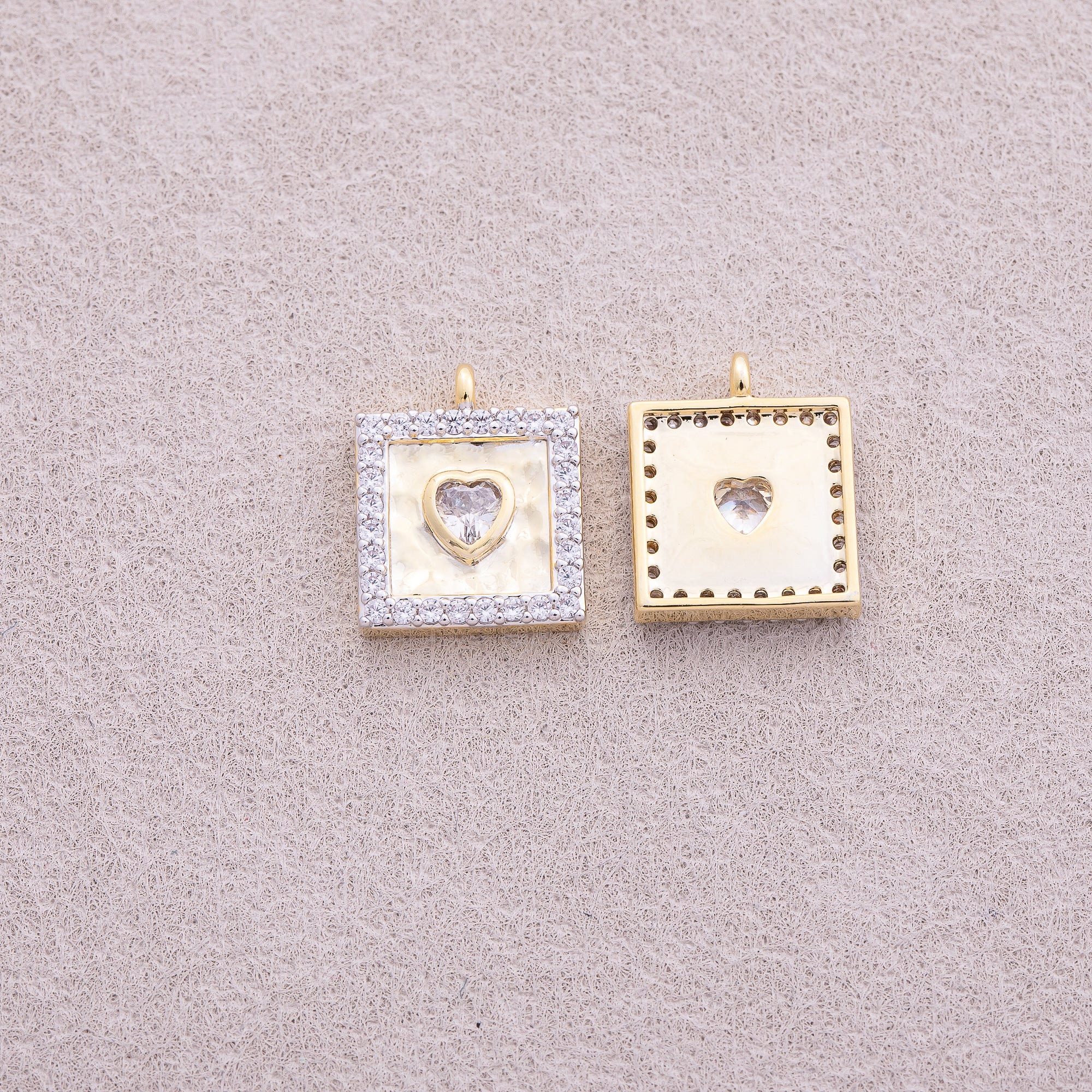 Two Tone Gold Plated Micro Paved CZ Bezel Heart Square Charm - Sold Each