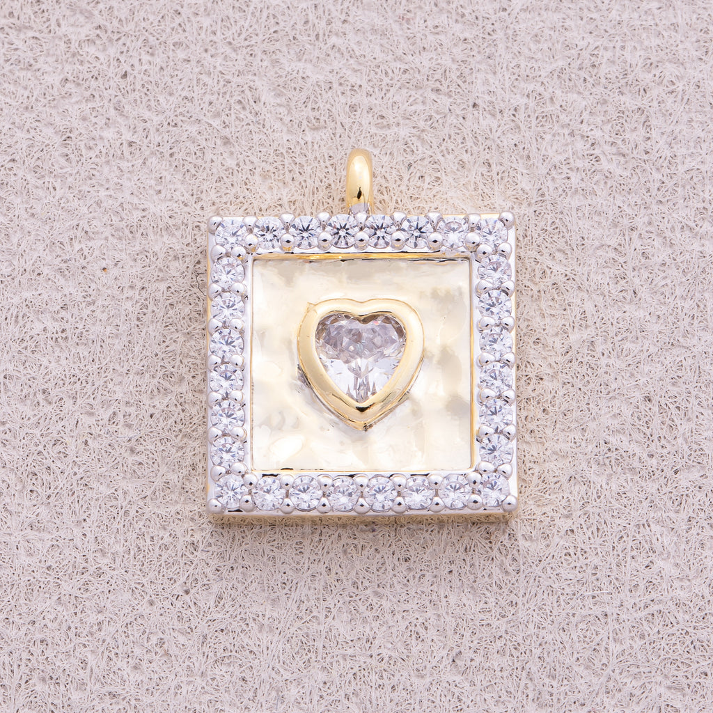 Two Tone Gold Plated Micro Paved CZ Bezel Heart Square Charm - Sold Each