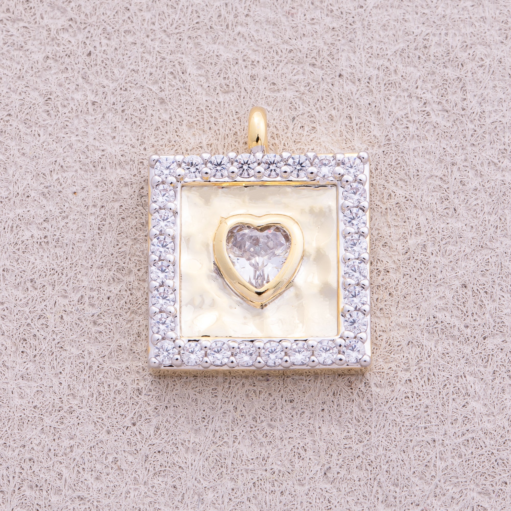 Two Tone Gold Plated Micro Paved CZ Bezel Heart Square Charm - Sold Each
