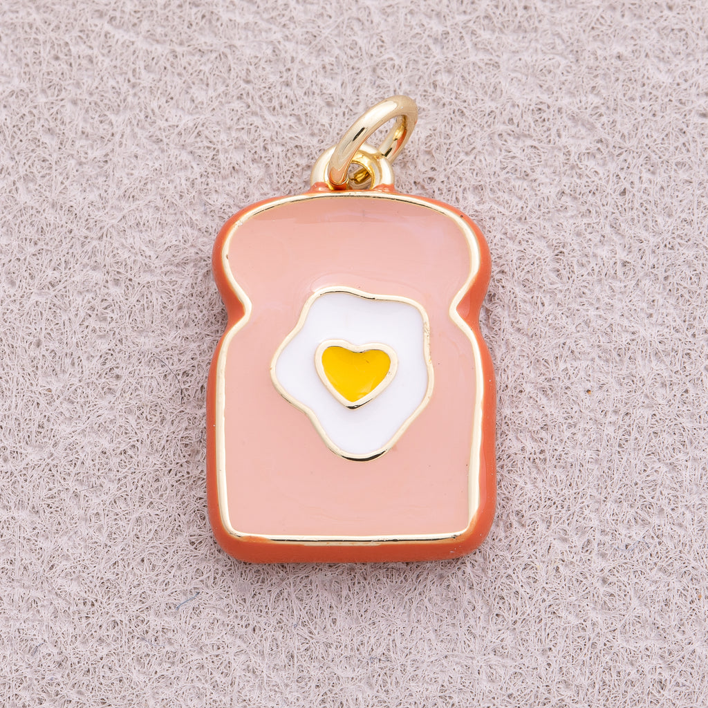 16K Gold Plated Toast Egg Breakfast Enamel Charm - Sold Each