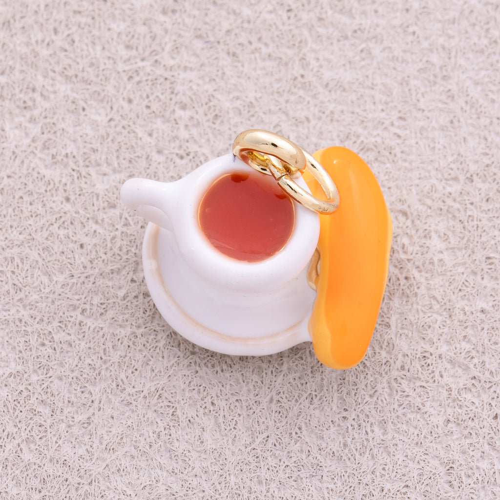 16K Gold Plated Breakfast Bread and Coffee Enamel Pendant - Sold Each