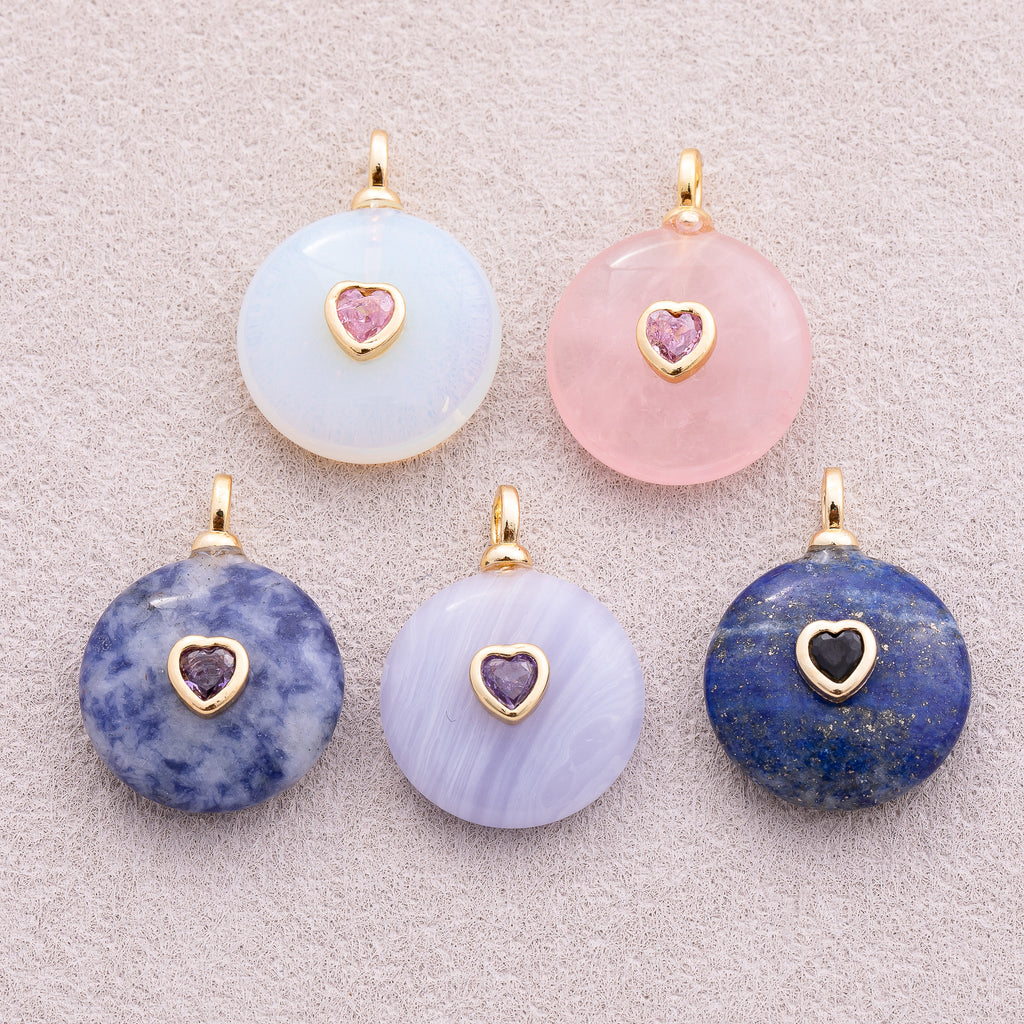 18K Gold Plated Multicolor Heart Embedded Natural Gemstone Round Pendant - Sold Each