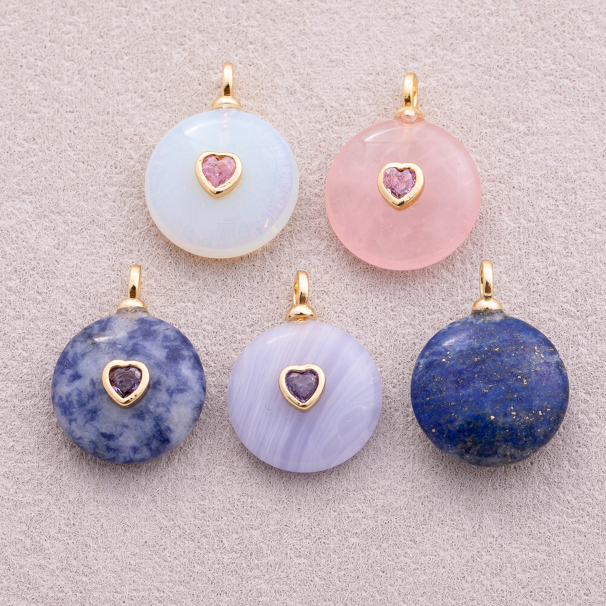 18K Gold Plated Multicolor Heart Embedded Natural Gemstone Round Pendant - Sold Each
