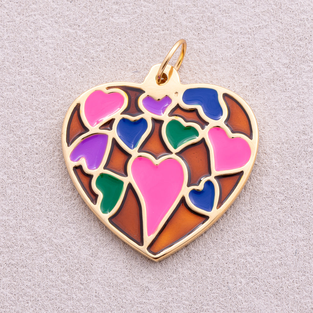 Gold PVD Stainless Steel Multi Color Mosaic Heart Enamel Pendant