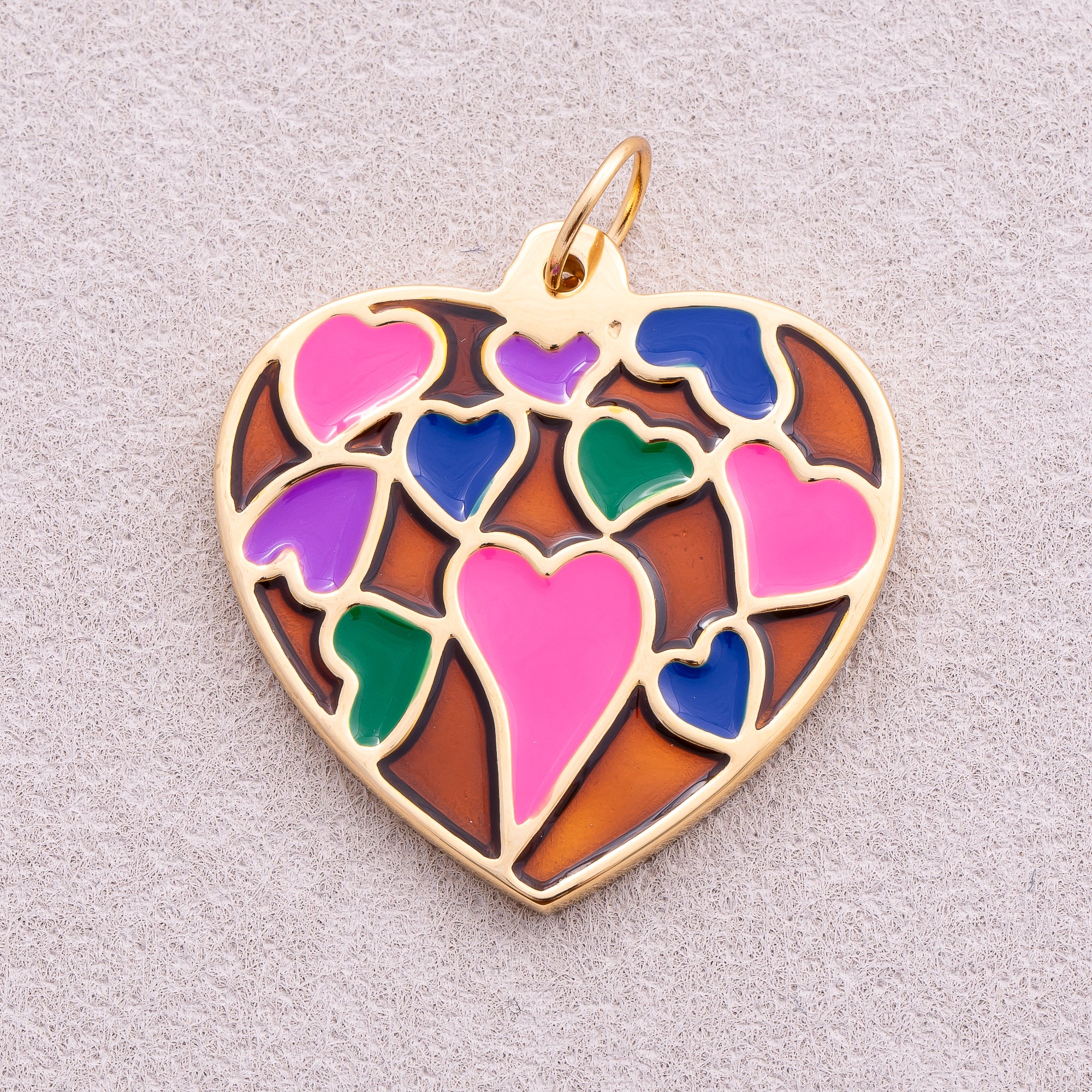 Gold PVD Stainless Steel Multi Color Mosaic Heart Enamel Pendant