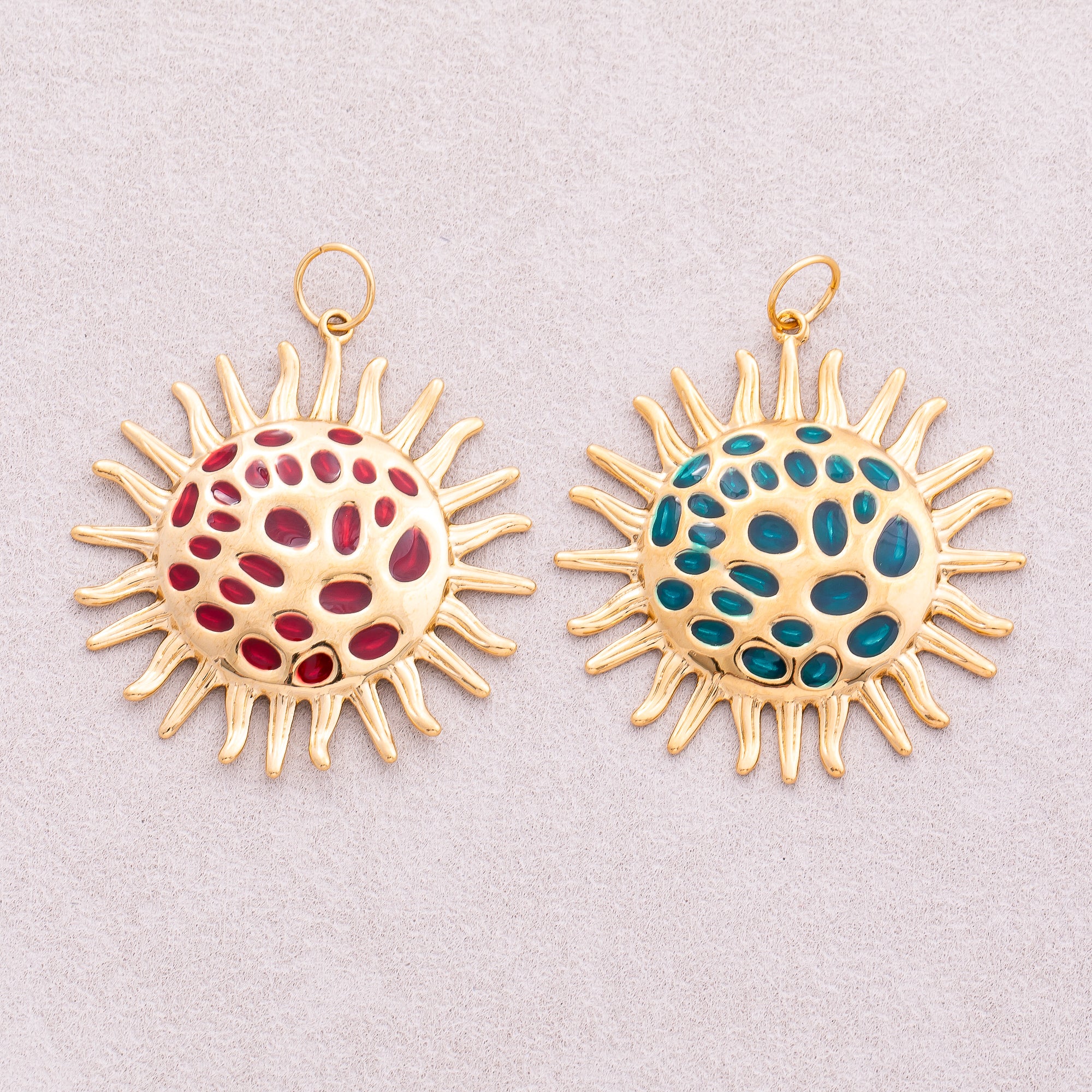 Gold PVD Stainless Steel Green Red Radiant Sunburst Enamel Pendant