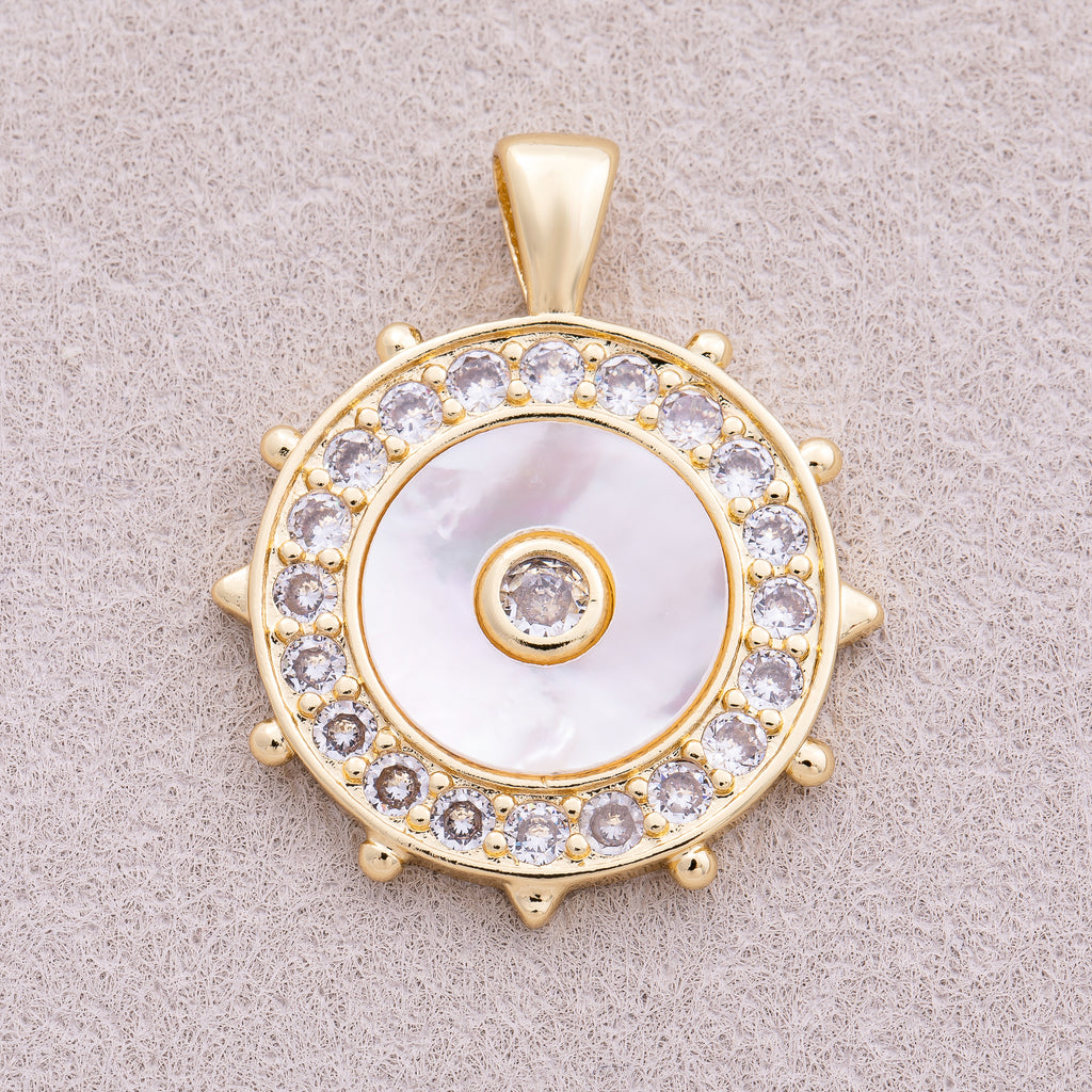 16K Gold Plated Micro Paved CZ Mother Of Pearl North Compass Pendant - Sold Each