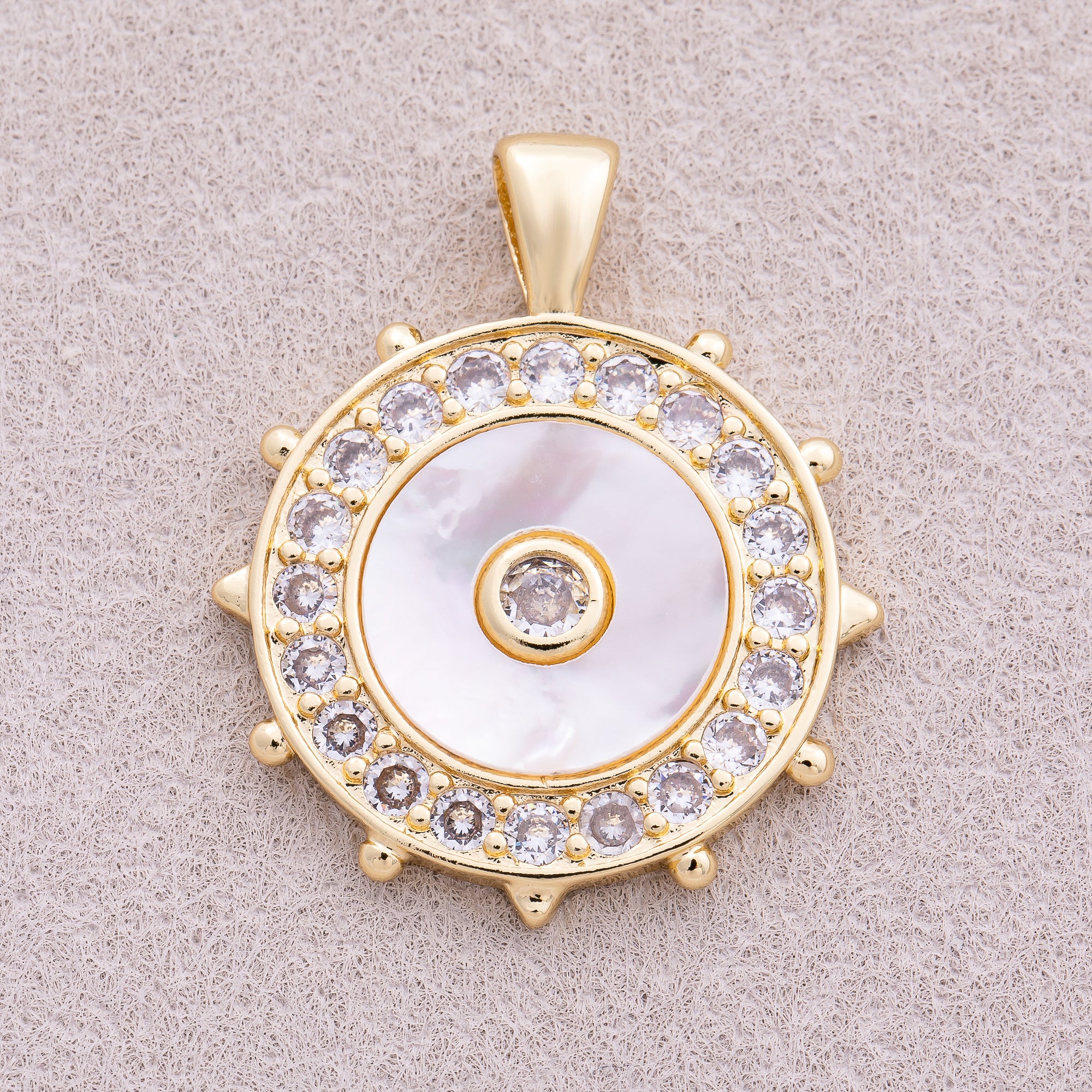 16K Gold Plated Micro Paved CZ Mother Of Pearl North Compass Pendant - Sold Each