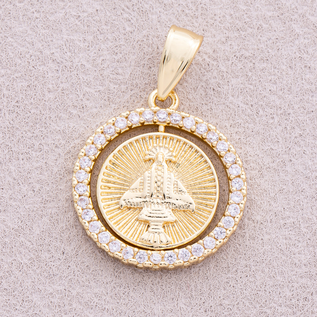 16K Gold Plated Micro Paved CZ Spinning Religious Coin Pendant - Sold Each