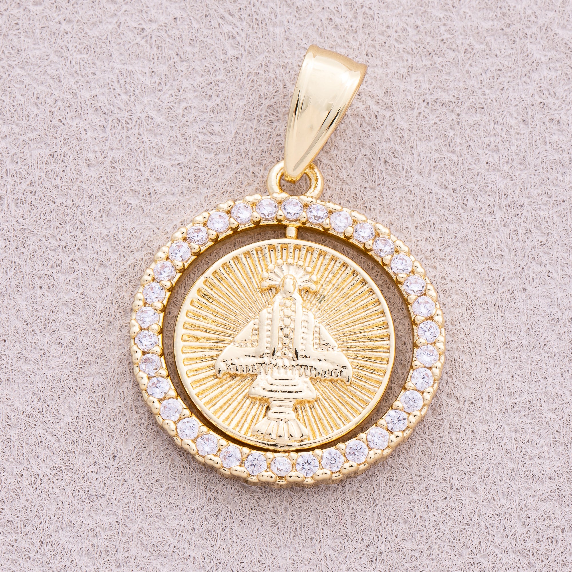 16K Gold Plated Micro Paved CZ Spinning Religious Coin Pendant - Sold Each