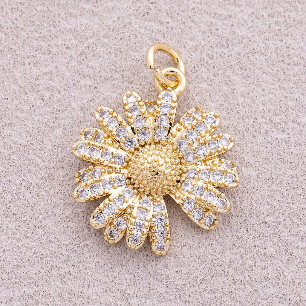 16K Gold Plated Micro Paved CZ Daisy Flower Charm - Sold Each