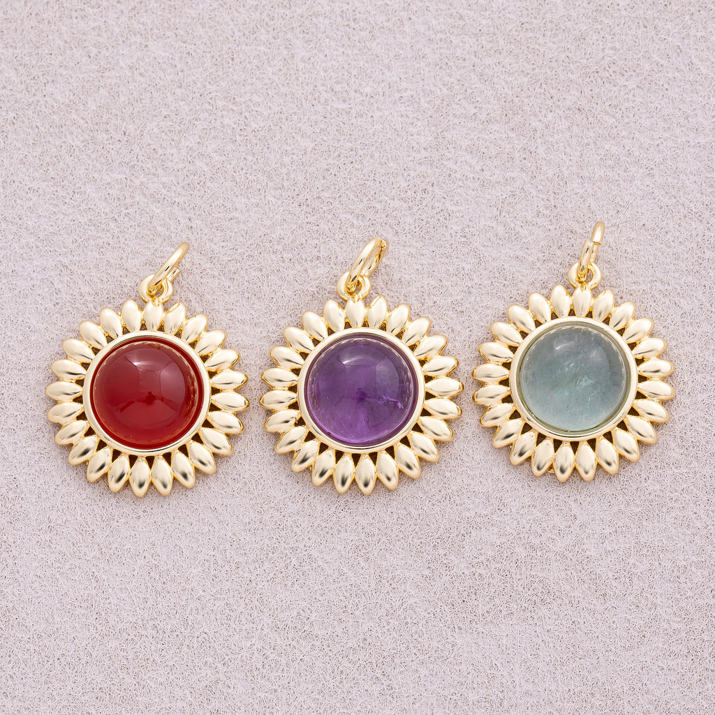 16K Gold Plated Colorful Natural Gemstone Sunflower Charm - Sold Each