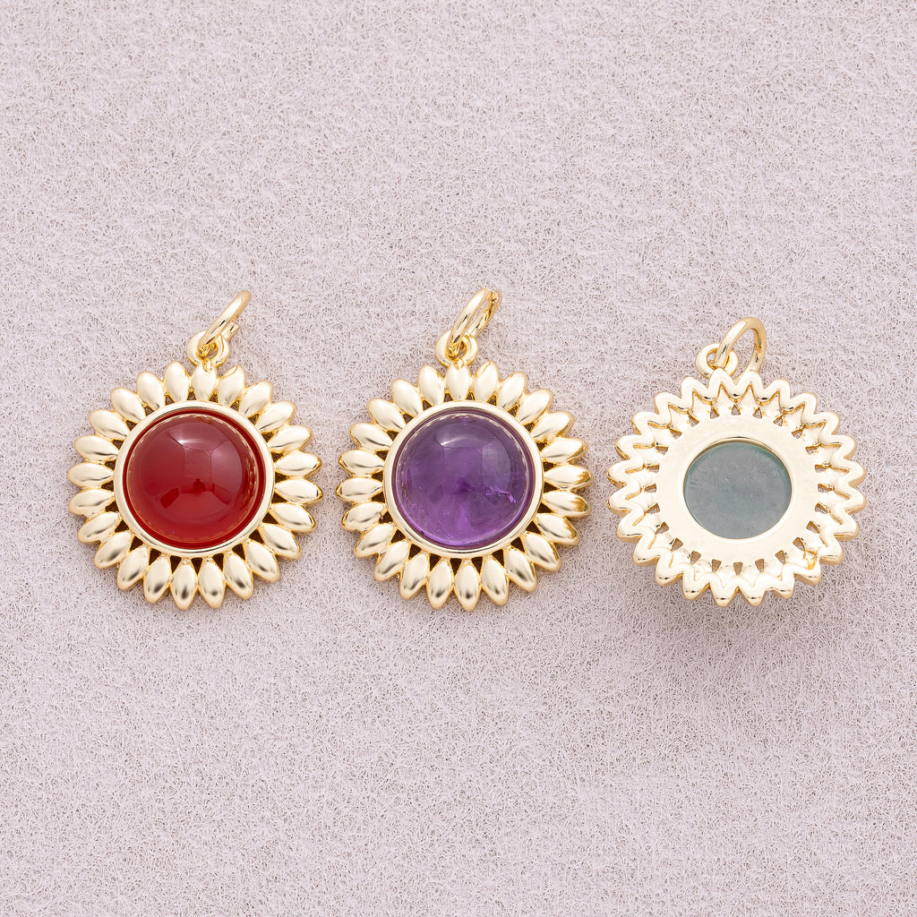 16K Gold Plated Colorful Natural Gemstone Sunflower Charm - Sold Each