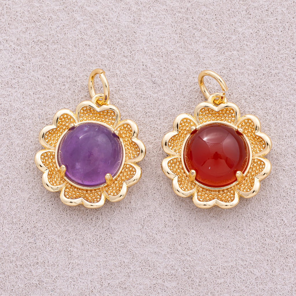 16K Gold Plated Red and Purple Natural Gemstone Flower Charm - Sold Each