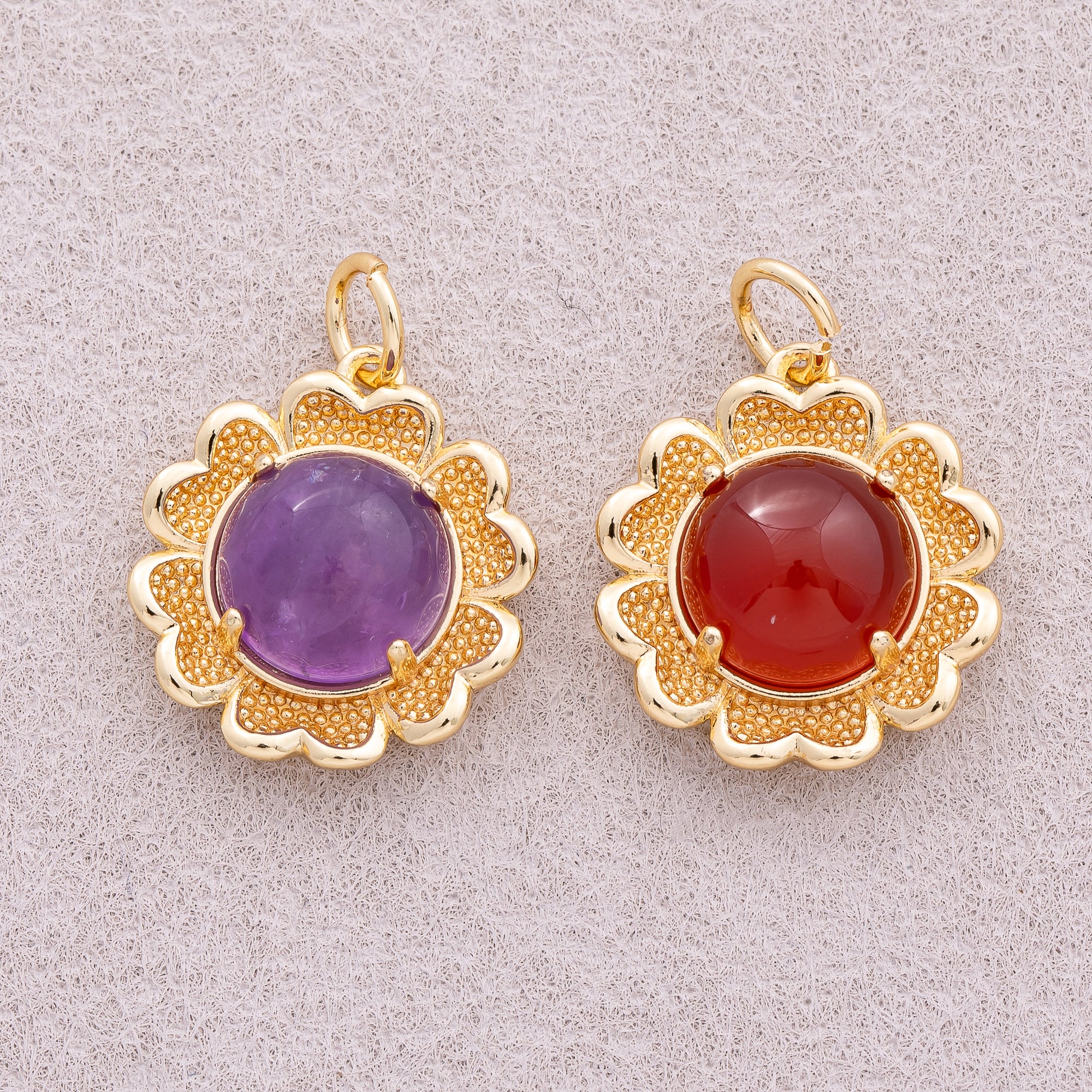 16K Gold Plated Red and Purple Natural Gemstone Flower Charm - Sold Each