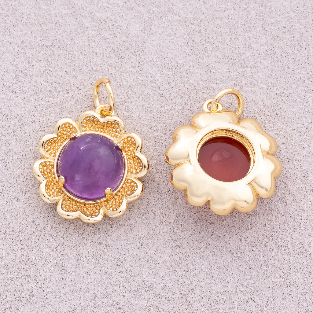 16K Gold Plated Red and Purple Natural Gemstone Flower Charm - Sold Each