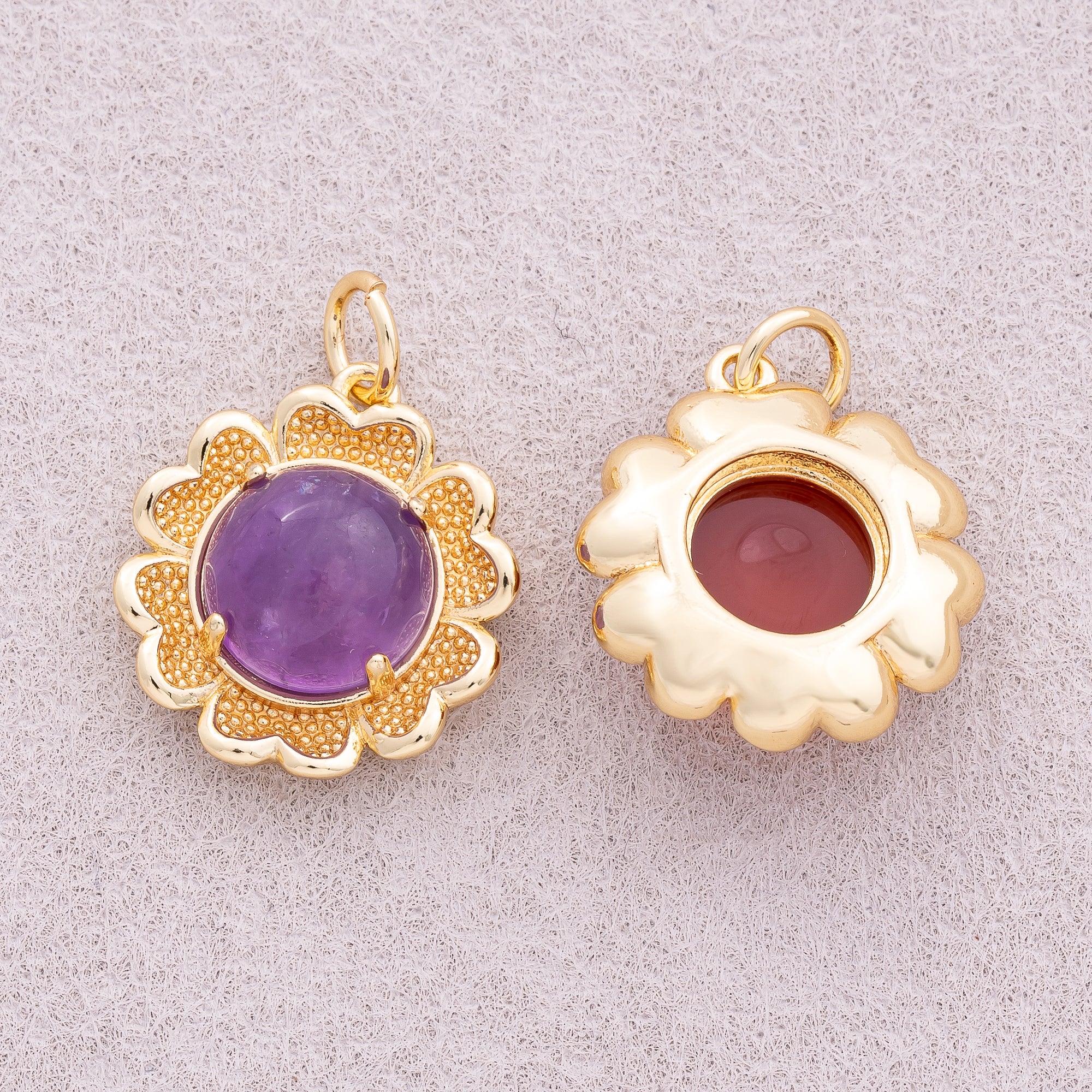 16K Gold Plated Red and Purple Natural Gemstone Flower Charm - Sold Each