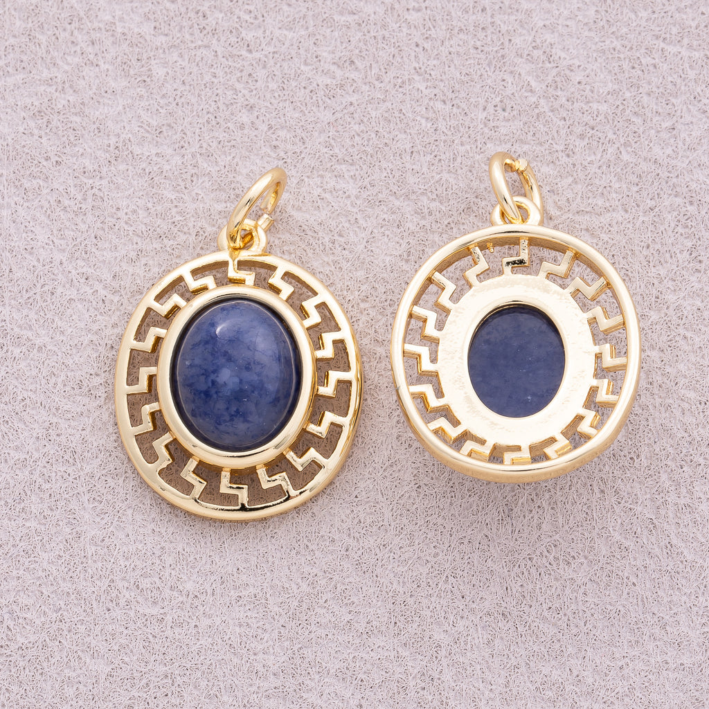 16K Gold Plated Blue Aventurin Natural Gemstone Oval Charm - Sold Each