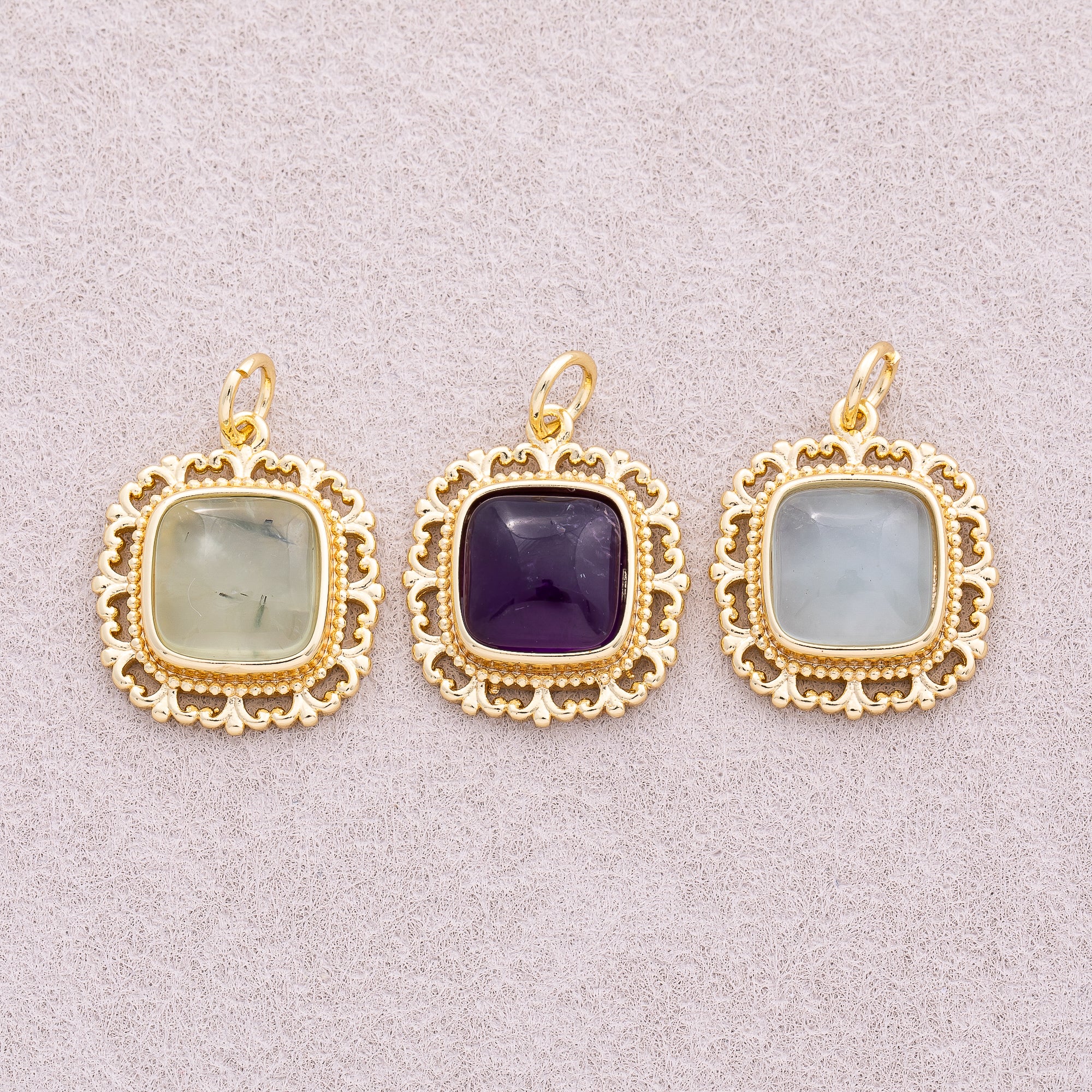 16K Gold Plated Colorful Natural Gemstone Lace Square Charm - Sold Each