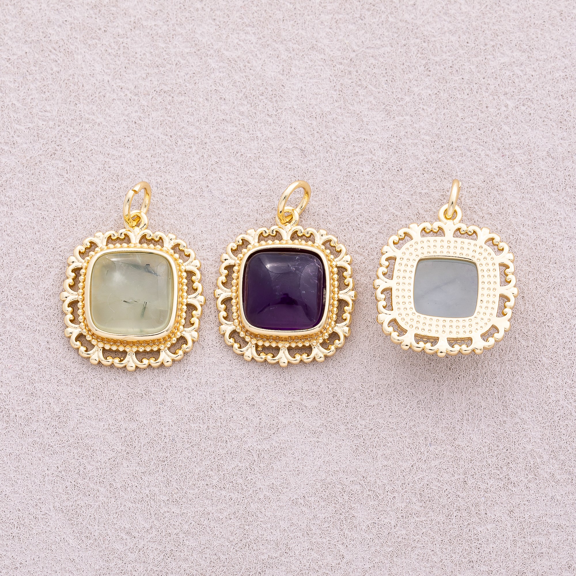 16K Gold Plated Colorful Natural Gemstone Lace Square Charm - Sold Each
