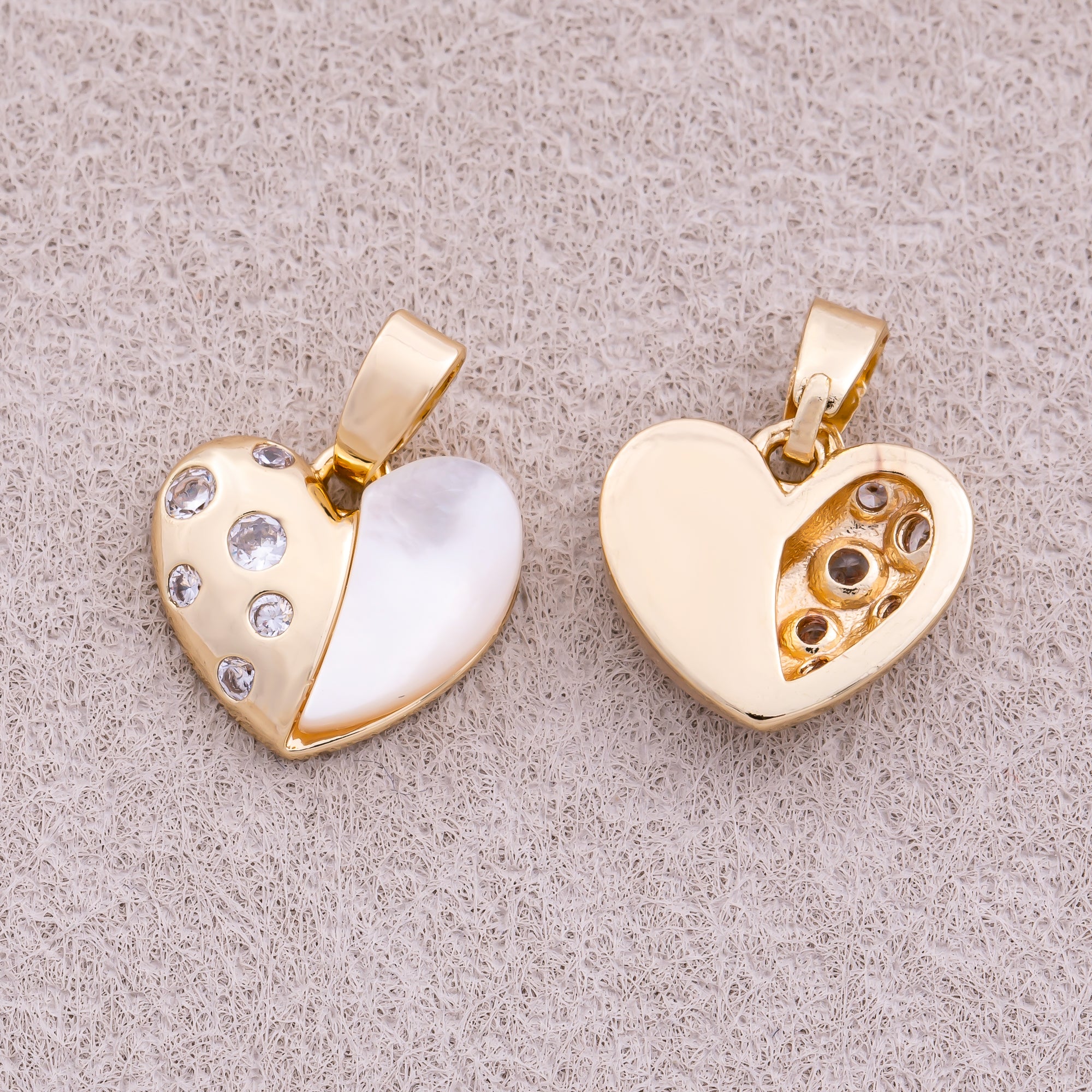 16K Gold Plated Mother Of Pearl CZ Half Love Heart Charm - Sold Each