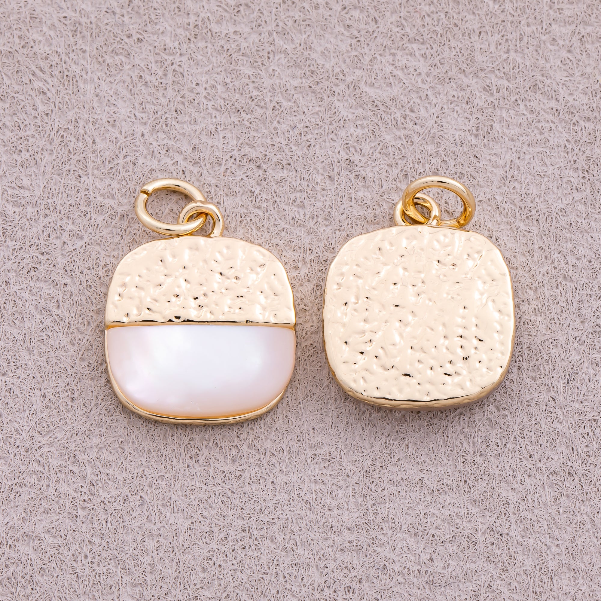 16K Gold Plated Mother Of Pearl Half Square Textured Medallion Charm - Sold Each