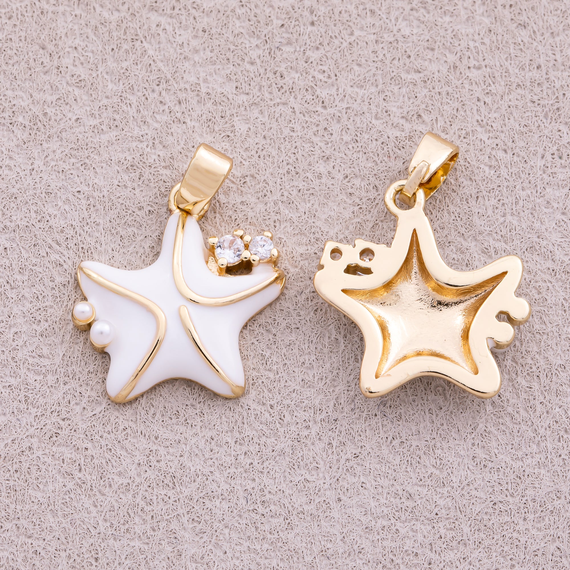 16K Gold Plated Clear CZ White Enamel Celestial Star Charm - Sold Each