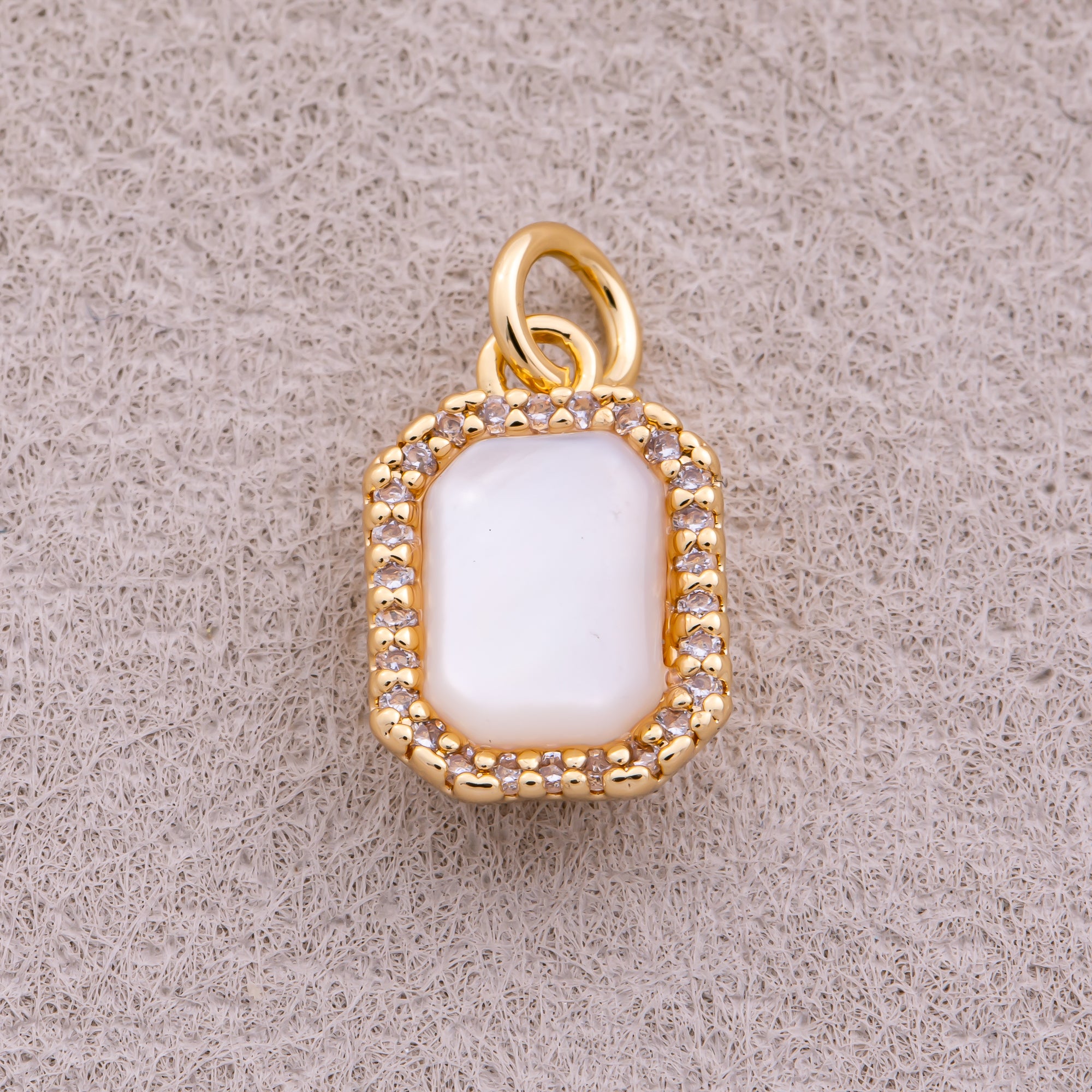 18K Gold Plated Micro Paved CZ White Quartz Natural Gemstone Rectangular Charm - Sold Each
