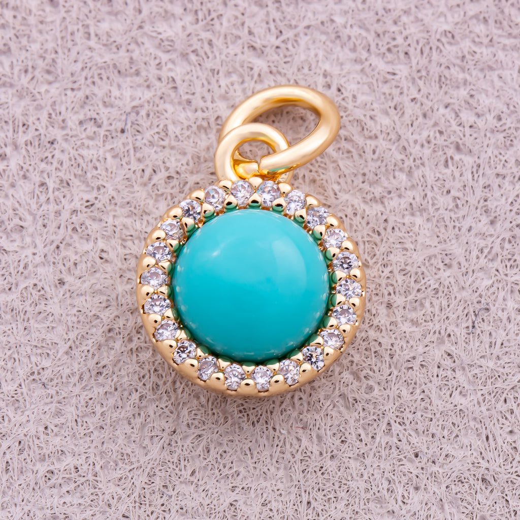18K Gold Plated Micro Paved CZ Turquoise Natural Gemstone Mini Round Charm - Sold Each