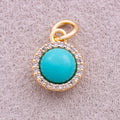 18K Gold Plated Micro Paved CZ Turquoise Natural Gemstone Mini Round Charm - Sold Each