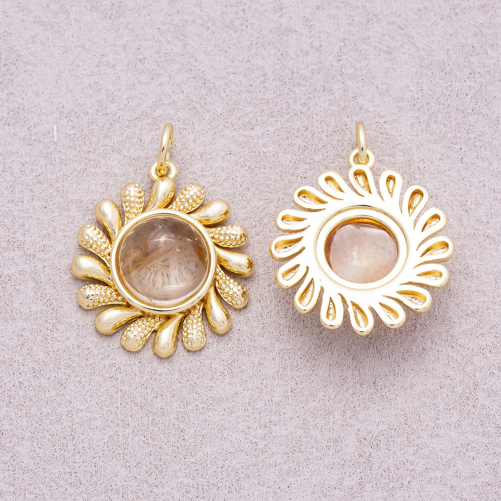 16K Gold Plated Colorful Natural Gemstone Textured Sunflower Charm - Sold Each