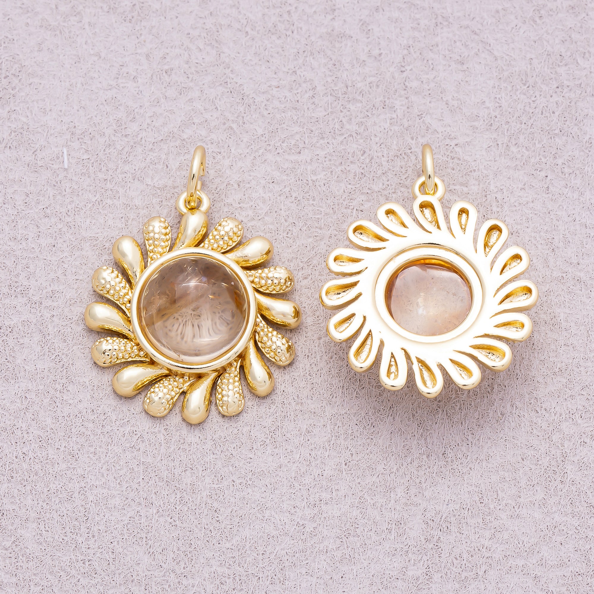16K Gold Plated Colorful Natural Gemstone Textured Sunflower Charm - Sold Each