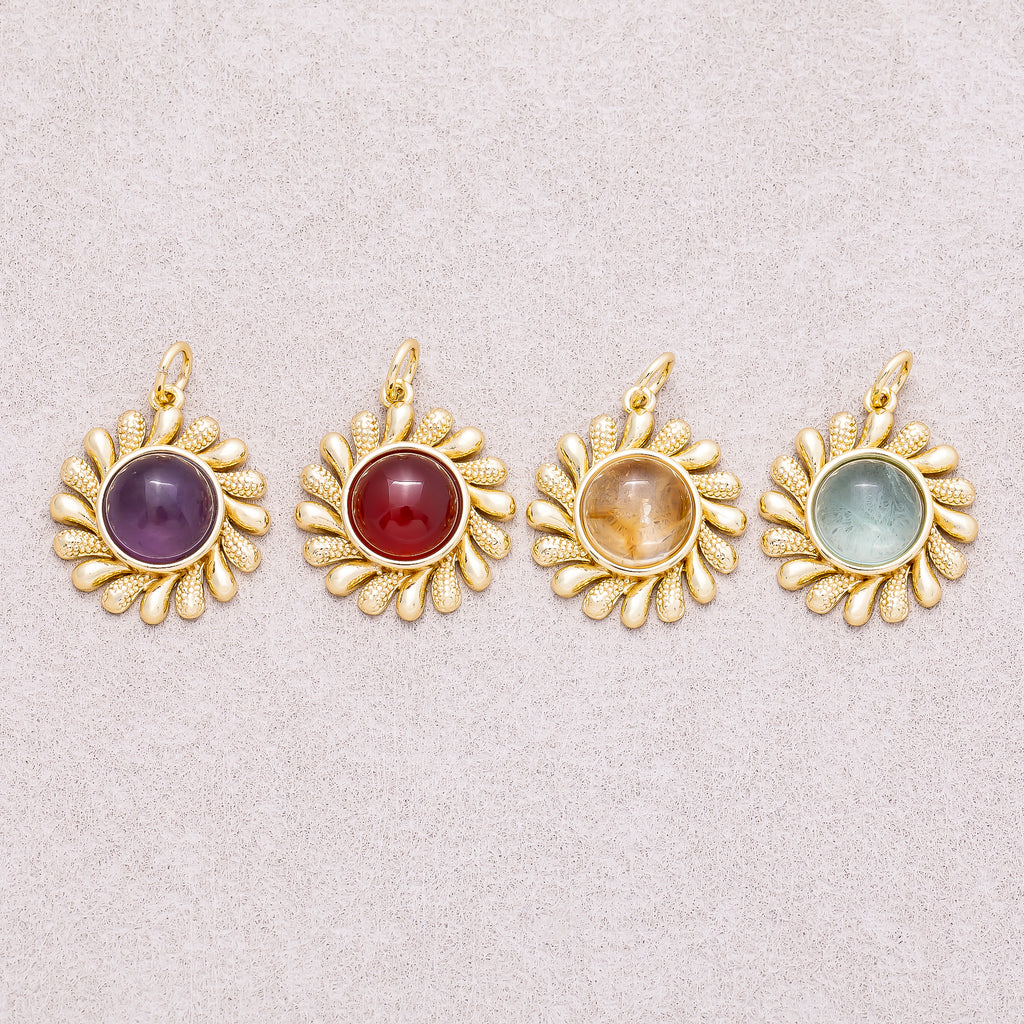 16K Gold Plated Colorful Natural Gemstone Textured Sunflower Charm - Sold Each
